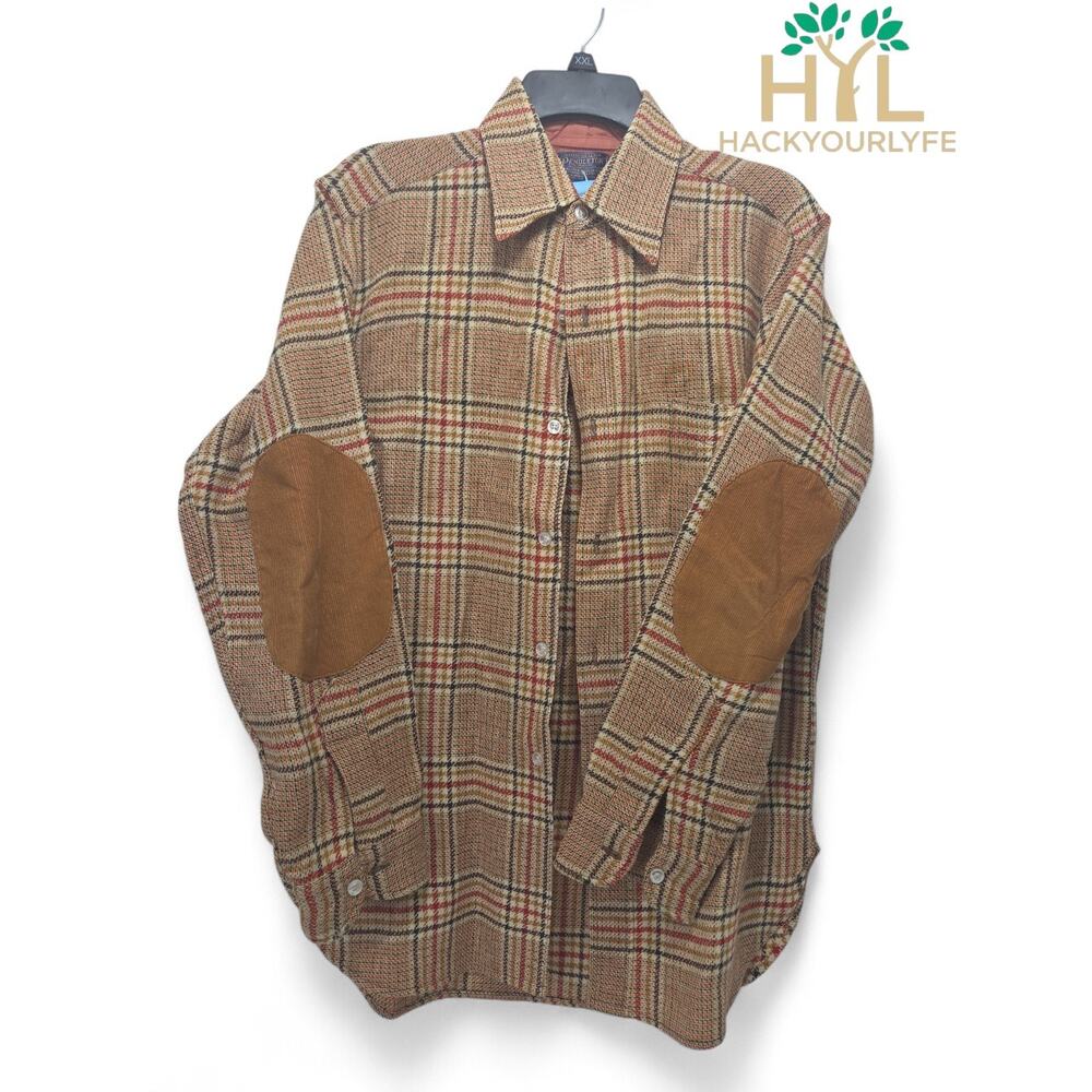 Vintage 1950s 1960s Pendleton Plaid Wool Loop Collar Shirt Elbow Patches Medium